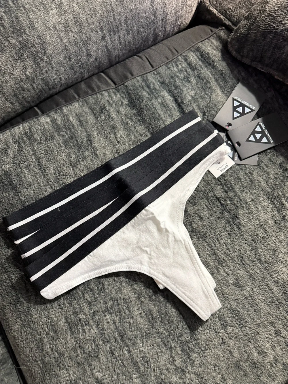 Striped Wide-Waistband White Thong Panty 3-pack
